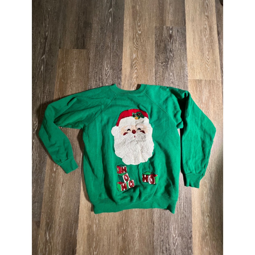 Hanes Sport Sweatshirt Womens Large Green Good Vintage Santa Ho Ho Ho Graphic